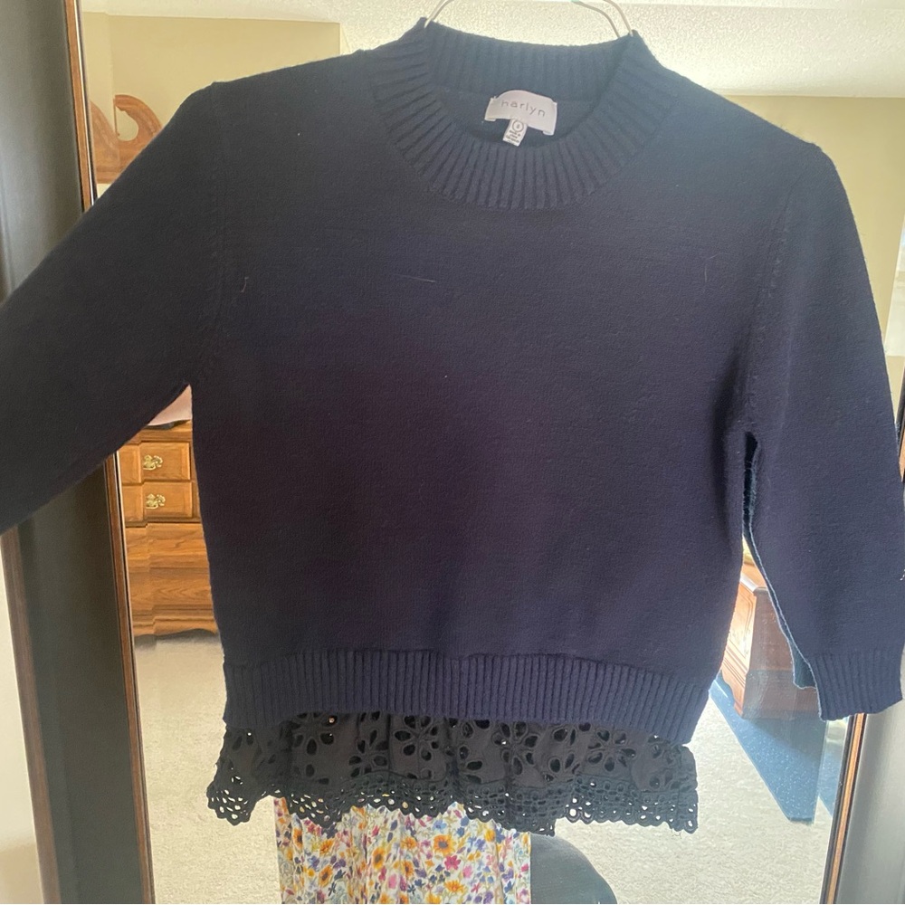 Navy Sweater with Lace Hem